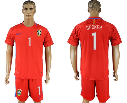 Brazil #1 Becker Red Goalkeeper Soccer Country Jersey
